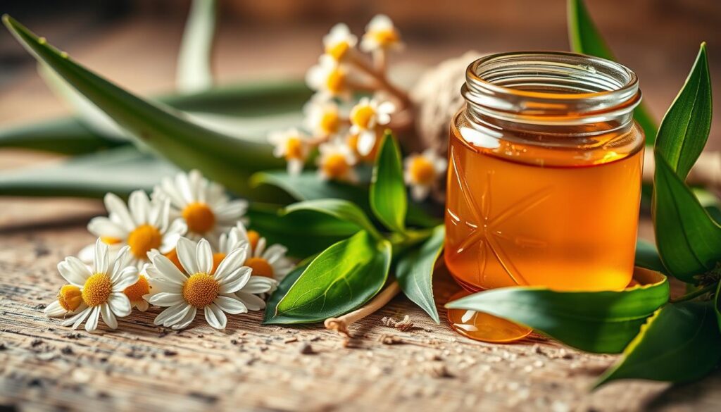 A beautifully lit close-up of an assortment of natural skin care ingredients, including fresh aloe vera leaves, chamomile flowers, green tea leaves, and organic honey in a glass jar. The items are arranged on a rustic wooden surface, bathed in warm, soft lighting creating a calming, spa-like atmosphere. The focus is on the natural textures and vibrant colors of the ingredients, conveying the purity and effectiveness of homemade remedies for problematic skin. The composition is balanced and visually appealing, inviting the viewer to consider the benefits of these wholesome, readily available natural solutions for acne.