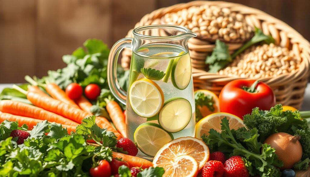 A bountiful still life of a detoxifying diet, bathed in warm, natural lighting. In the foreground, an assortment of crisp vegetables and vibrant fruits - leafy greens, crunchy carrots, juicy berries, and refreshing citrus. In the middle ground, a glass pitcher of infused water, its crystal-clear contents accentuated by delicate slices of lemon and cucumber. The background is filled with earthy tones, with a woven basket overflowing with wholesome grains and legumes. The composition exudes a sense of balance, purity, and wellness, inviting the viewer to embrace a nourishing, cleansing lifestyle.