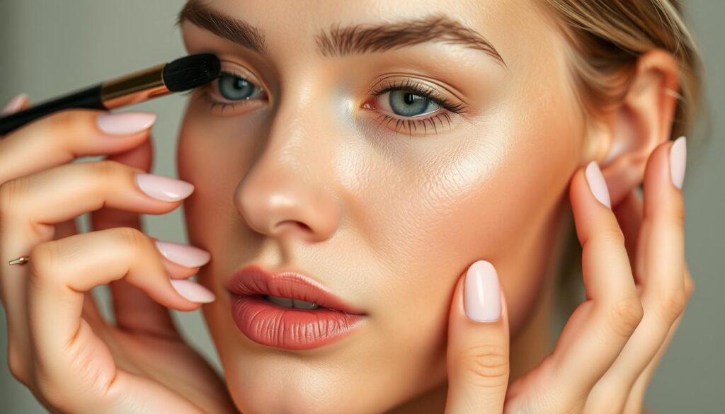 A close-up of a woman's face, meticulously applying makeup with a soft, delicate touch. Smooth, luminous foundation blends seamlessly into the skin, creating a flawless base. Subtle, natural-looking blush gently highlights the cheekbones, while a light dusting of highlighter catches the light, imparting a healthy glow. The eyes are defined with a light wash of eyeshadow in neutral tones, complemented by a thin line of eyeliner that enhances the shape. Lips are coated in a hydrating, nourishing lip balm, leaving them supple and protected. The lighting is soft and diffused, creating a warm, soothing atmosphere. The overall aesthetic is understated and elegant, perfect for sensitive skin.
