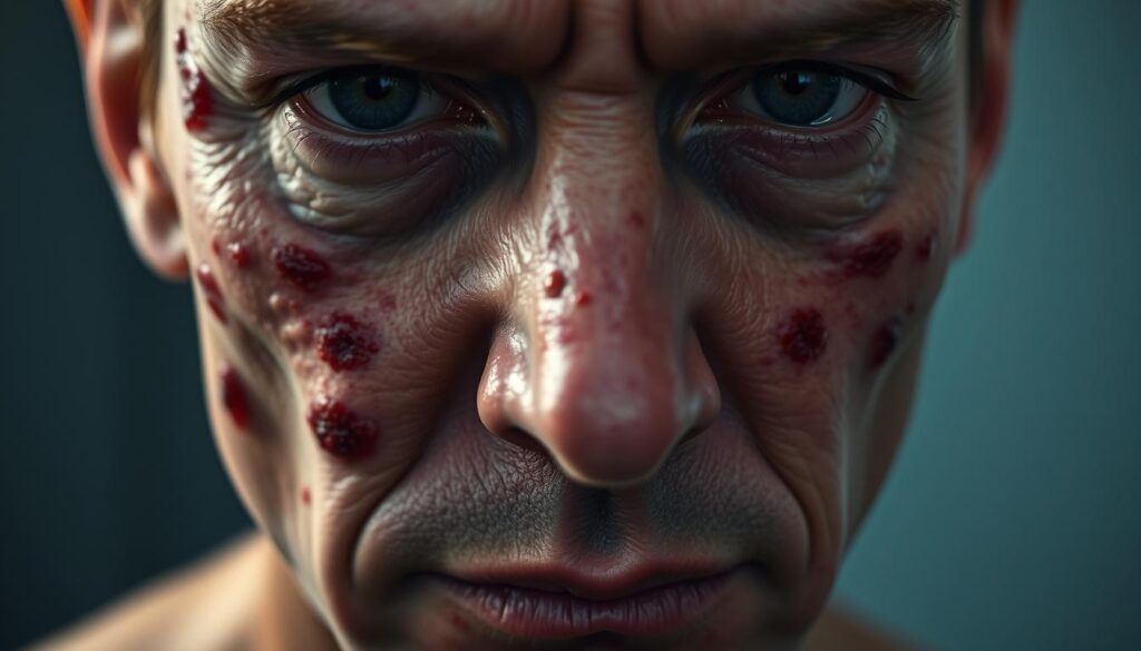 A close-up portrait of a person's face, revealing a skin condition characterized by inflamed, red, and pus-filled lesions. The image should convey a sense of discomfort and frustration, with the skin appearing uneven, rough, and irritated. The lighting should be diffused and slightly moody, casting soft shadows and highlighting the blemishes. The focus should be on the central area of the face, with the background blurred and muted, keeping the attention on the skin condition. The overall mood should be one of concern and understanding, reflecting the medical nature of the subject matter.