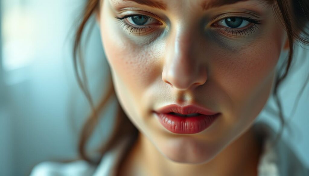 A close-up view of a woman's face, showcasing the subtle yet significant changes in her skin texture and tone. The image should convey a sense of hormonal imbalance, with a softer, more diffused lighting that emphasizes the delicate, almost ethereal nature of the skin. The focus should be on the forehead, cheeks, and chin, capturing the subtle redness, blemishes, and uneven tone that can be the result of hormonal fluctuations. The background should be blurred and hazy, allowing the viewer to concentrate on the intricate details of the skin. The overall mood should be one of introspection and vulnerability, reflecting the internal physiological changes that can have a profound impact on one's outward appearance.