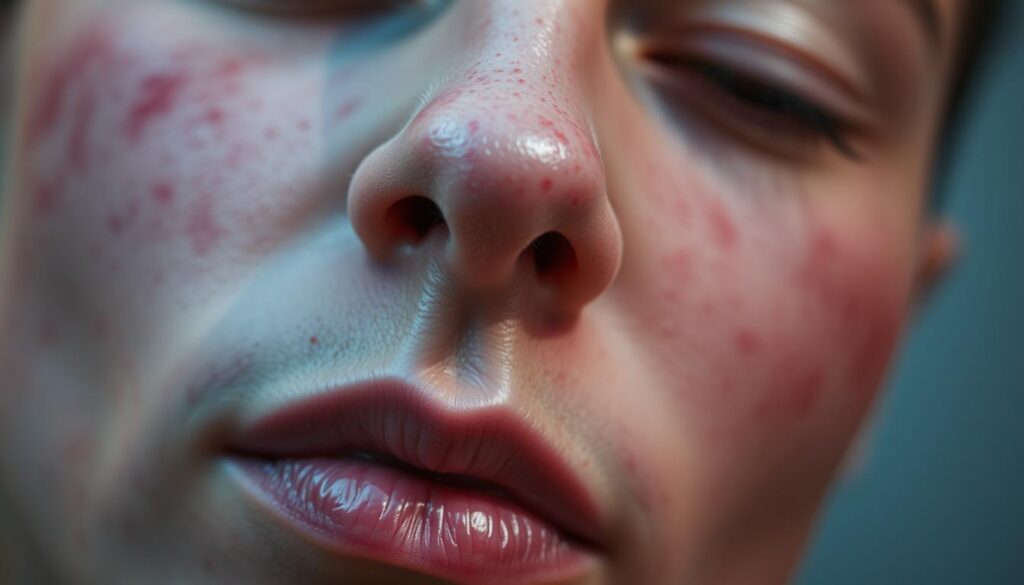 A close-up view of the human face, highlighting the forehead, nose, and cheeks where acne lesions typically form. The skin appears inflamed, with visible pores, redness, and blemishes. The lighting is soft and directional, casting subtle shadows that accentuate the texture and imperfections of the skin. The focus is sharp, allowing for a detailed examination of the causes of acne, such as excess oil production, bacterial infection, and hormonal imbalances. The overall mood is clinical and investigative, conveying the importance of understanding the underlying factors that contribute to the development of acne.