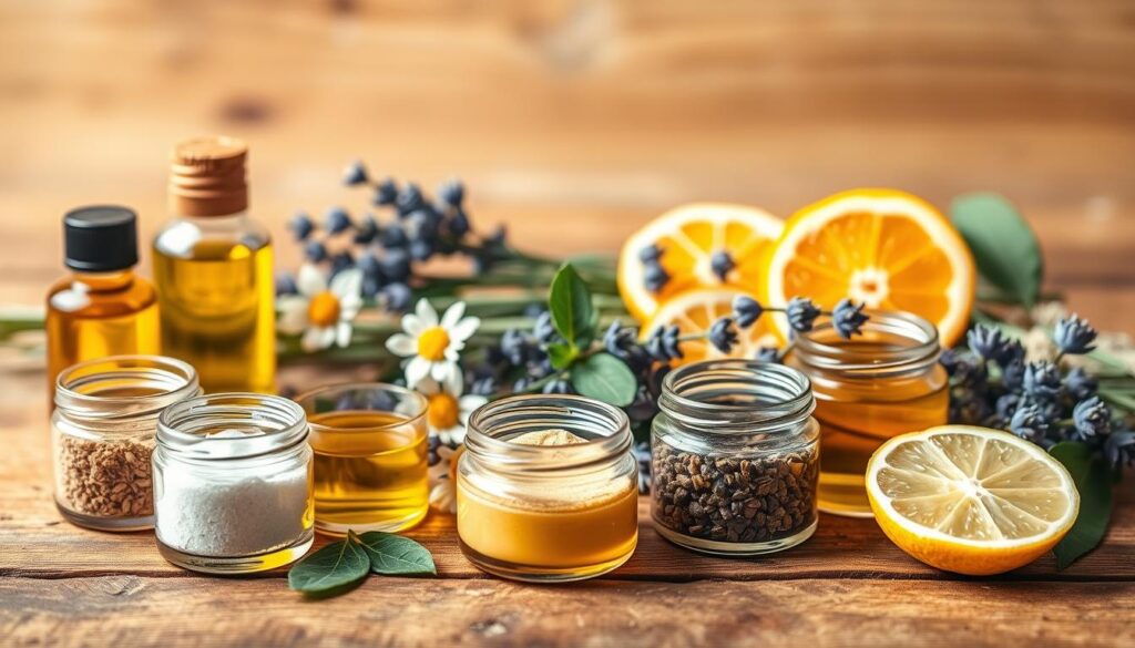 A closeup still life of key natural skincare ingredients arranged on a rustic wooden surface. In the foreground, there are several small glass jars filled with organic oils, powders, and extracts such as rosehip, aloe vera, and green tea. In the middle ground, fresh botanicals like chamomile flowers, lavender sprigs, and sliced citrus fruits are scattered artfully. The background has a soft, warm lighting creating a soothing, earthy ambiance. The overall composition highlights the simplicity and purity of these natural skincare essentials.
