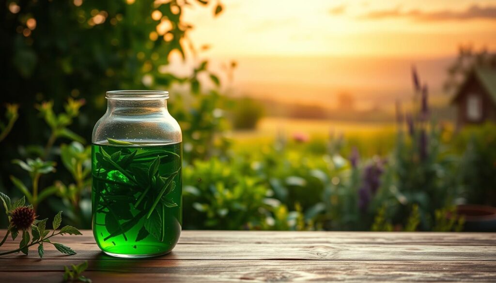 A serene and meditative scene showcasing the process of detoxification. The foreground features a transparent glass vessel filled with a vibrant green liquid, representing the cleansing and rejuvenating properties of natural herbal remedies. The middle ground depicts a lush, verdant garden with flourishing plants and herbs, symbolizing the abundance of nature's detoxifying elements. In the background, a warm, soft-focus landscape with a calming sky sets the mood, conveying a sense of balance and restoration. The lighting is gentle, with a subtle, diffused glow that enhances the tranquil atmosphere. The overall composition promotes a serene and introspective contemplation of the body's natural detoxification processes.