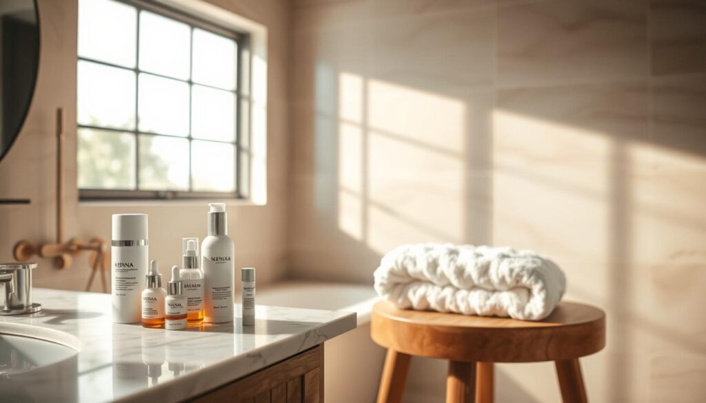 A serene and tranquil bathroom scene, bathed in warm, diffused lighting from a large window. The foreground features an array of luxurious skincare products neatly arranged on a marble countertop, suggesting a mindful daily ritual. In the middle ground, a plush, white towel rests on a wooden stool, inviting relaxation. The background showcases a soothing, neutral-toned tile wall, creating a calming, spa-like atmosphere. The overall composition conveys a sense of self-care, wellness, and the importance of a consistent skin nourishment routine.