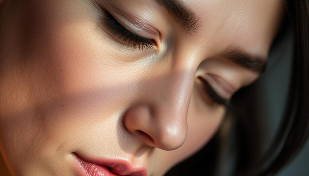 A serene close-up portrait of a woman's face, capturing the subtle effects of stress on her complexion. The skin appears slightly dull and dehydrated, with faint lines and discoloration around the eyes and forehead. Soft, diffused lighting from the left side casts gentle shadows, highlighting the texture and imperfections. The subject's expression is somber, yet introspective, conveying a sense of tension and fatigue. The background is blurred, placing the focus entirely on the delicate features and the visible signs of the strain the skin is experiencing.