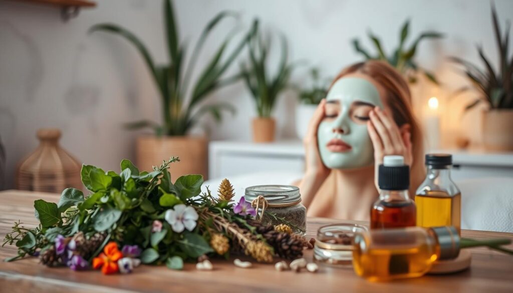 A serene, natural skincare scene with soft, glowing light. In the foreground, an array of organic botanical ingredients - fresh herbs, flowers, and natural oils - spread across a wooden surface. The middle ground features a woman's hands gently applying a natural face mask, her expression calm and focused. In the background, a minimal, plant-filled environment with subtle textures and muted colors, creating a soothing, spa-like atmosphere. Warm, diffused lighting from an unseen source illuminates the scene, emphasizing the natural, holistic essence of the natural skincare routine.