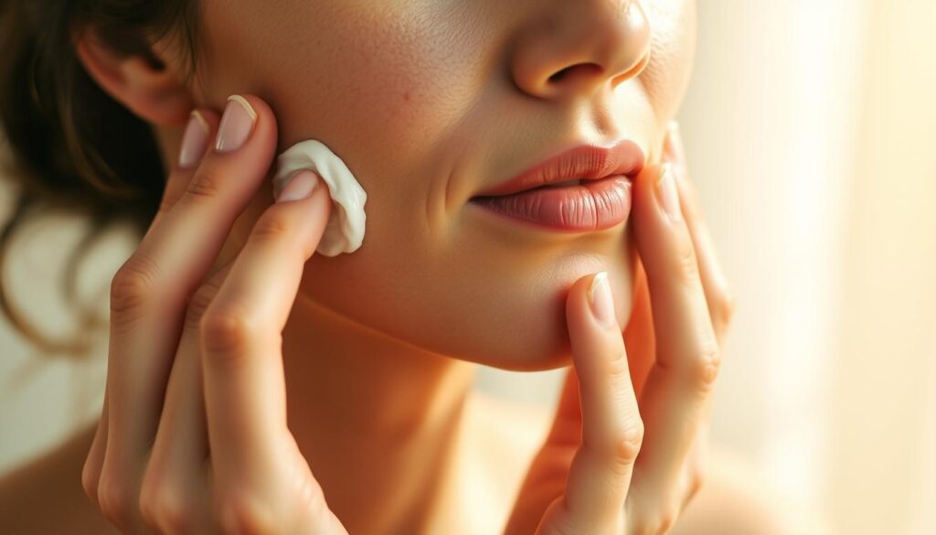 A serene, softly lit close-up shot of a woman's hands gently applying a moisturizing cream to her face. The skin appears healthy, glowing, and well-cared for. The background is blurred, focusing the viewer's attention on the delicate, intricate process of skin care. Warm, natural lighting casts a gentle, soothing atmosphere. The image conveys a sense of tranquility, self-care, and the importance of a consistent skincare routine.
