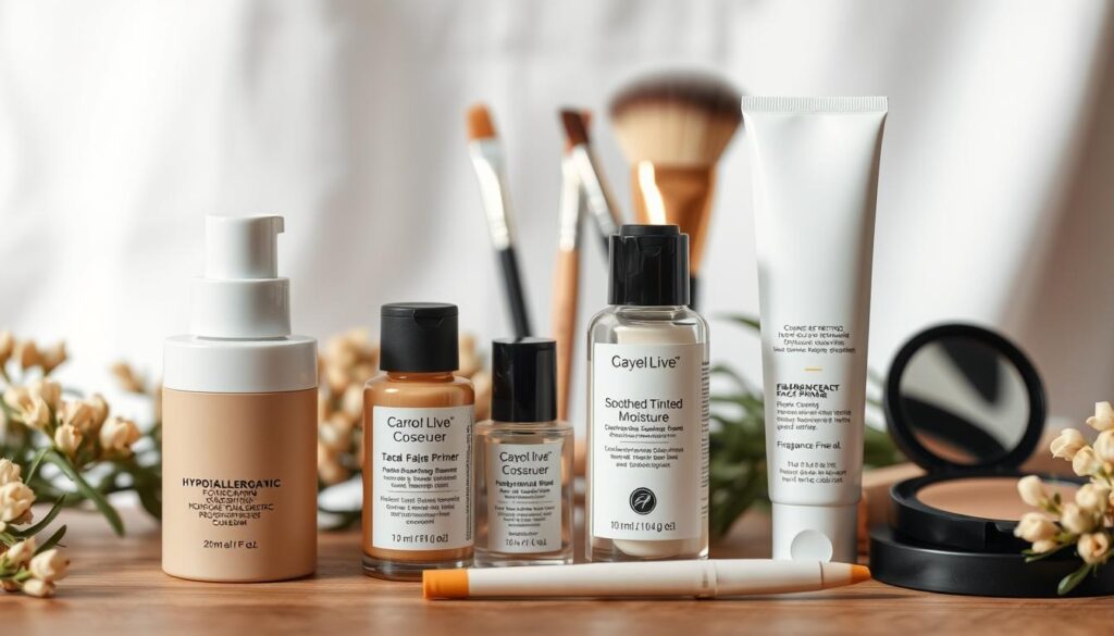 A still life arrangement of makeup products for sensitive skin, captured in soft, diffused lighting. The foreground features a selection of natural, hypoallergenic cosmetics - a gentle cream foundation, a soothing tinted moisturizer, a calming face primer, and a fragrance-free concealer. In the middle ground, organic makeup brushes and applicators are neatly arranged. The background showcases a serene, natural setting, perhaps a wooden surface or a minimalist white backdrop, to create a calming, spa-like atmosphere. The overall mood is one of simplicity, purity, and care for the delicate complexion.