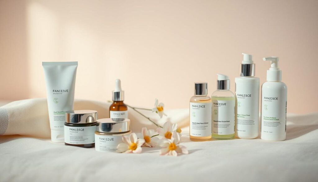 A tranquil scene featuring a collection of soothing, natural skincare products for sensitive skin. In the foreground, an assortment of moisturizers, cleansers, and serums with gentle, plant-based formulas are artfully arranged on a soft, neutral-toned surface. The middle ground showcases a few delicate flowers, their petals subtly complementing the packaging colors. The background depicts a serene, pastel-hued environment, creating a calming, spa-like atmosphere. Soft, diffused lighting gently illuminates the scene, highlighting the products' textures and emphasizing their soothing, nourishing qualities. The overall composition conveys a sense of natural beauty, simplicity, and a dedication to caring for sensitive skin.