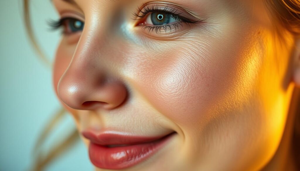 A vibrant, high-resolution close-up of a human face, with a glowing, healthy complexion. The skin appears soft, supple, and radiant, reflecting the positive effects of a nutritious, balanced diet. Gentle, warm lighting illuminates the subject's features, emphasizing the natural glow of their skin. The background is slightly blurred, keeping the focus on the face and its captivating, flawless texture. The overall mood is one of youthfulness, vitality, and inner well-being, visually conveying the connection between a nourishing diet and the health and beauty of the skin.