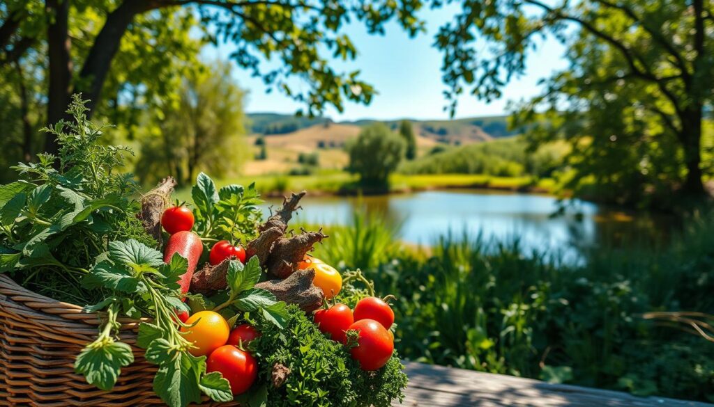 A vibrant natural scene depicting the process of natural detoxification. In the foreground, an assortment of fresh herbs, fruits, and vegetables spill out from a woven basket, symbolizing the bounty of nature's cleansing properties. The middle ground showcases a serene pond surrounded by lush greenery, with sunlight gently filtering through the trees. In the background, rolling hills and a clear blue sky create a calming, rejuvenating atmosphere. The lighting is soft and diffused, lending a sense of tranquility to the overall composition. The lens captures this idyllic setting from a slightly elevated angle, inviting the viewer to immerse themselves in this peaceful, restorative scene.