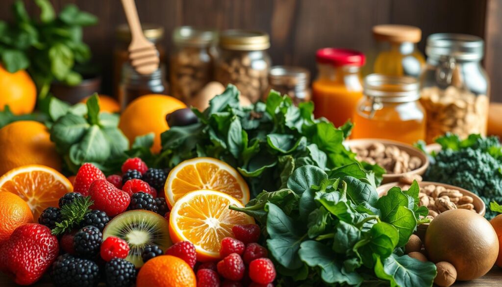 A vibrant still life scene of fresh, nourishing ingredients for healthy skin. In the foreground, a medley of ripe, juicy fruits - vibrant oranges, berries, and sliced kiwi, their textures and colors contrasting beautifully. In the middle ground, an assortment of leafy greens, from spinach to kale, their deep green hues signaling their wealth of vitamins and minerals. In the background, jars of honey, nuts, and other skin-nourishing superfoods, all bathed in warm, natural lighting that enhances their wholesome appeal. The overall atmosphere is one of abundance, vitality, and the promise of radiant, glowing skin nourished by nature's bounty.