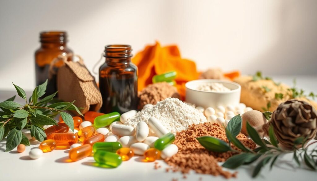 Detailed still life scene of assorted vitamins and supplements for healthy skin. Prominently displayed are capsules, tablets, and powders in various shades of natural hues - greens, oranges, browns. The arrangement is set against a light, airy background with soft, diffused lighting creating a warm, inviting atmosphere. The composition highlights the key nutrients and their benefits for nourishing and rejuvenating the complexion. Subtle shadows and reflections add depth and dimension. The overall mood is one of wellness, vitality, and natural beauty.