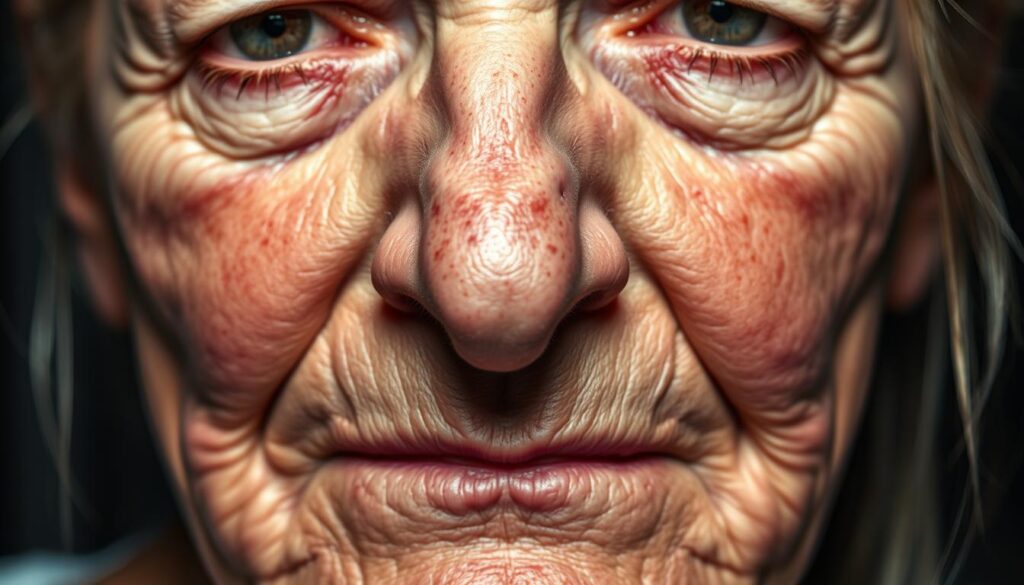 a detailed close-up of a human face, showing the texture and complexion of the skin under harsh, dramatic lighting that highlights the signs of stress and fatigue - wrinkles, blemishes, redness, and dullness. The skin appears dehydrated and lacking in elasticity, with a weary, weathered appearance. The facial expression conveys a sense of tension and worry. The background is blurred, putting the focus entirely on the stressed, problematic skin condition. The overall mood is one of concern and the negative impact of stress on skin health.