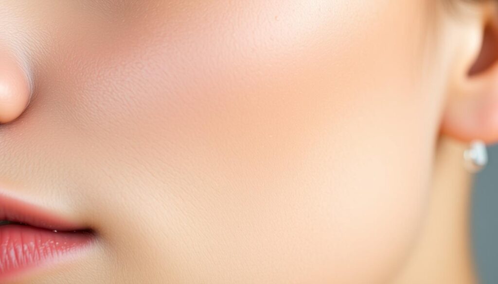 A close-up photograph of a woman's hydrated, glowing skin, with droplets of water visible on the surface. The skin appears smooth, plump, and radiant, reflecting the light from a soft, diffused source above. The background is blurred, placing the focus entirely on the skin's texture and moisture content. The lighting is natural and flattering, accentuating the skin's healthy, youthful appearance. The composition is tight, filling the frame with the subject's skin, conveying the importance of proper hydration for skin health.