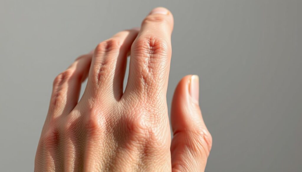 A close-up view of a person's hand with dry, cracked, and flaky skin, showcasing the common symptoms of skin dehydration. The skin appears tight, dull, and lacking in elasticity, with visible fine lines and wrinkles. The lighting is soft and diffused, casting gentle shadows to emphasize the textural details of the skin. The image is captured with a macro lens, allowing for a detailed, high-resolution examination of the skin's condition, set against a neutral, uncluttered background to keep the focus on the subject.
