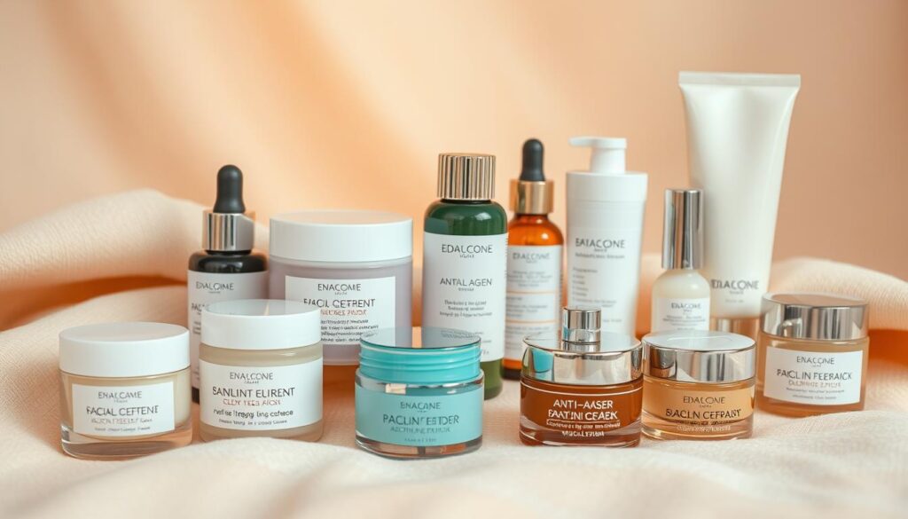 A close-up view of various anti-aging skincare treatments, including facial masks, serums, and creams, artfully arranged on a soft, neutral background. The lighting is warm and diffused, creating a soothing, spa-like atmosphere. The products are displayed with care, highlighting their textures, colors, and packaging design. The overall composition conveys a sense of luxury, pampering, and a promise of rejuvenation without the need for invasive procedures.
