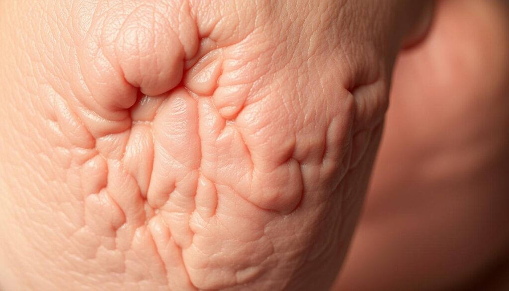 A detailed cross-section view of human skin, focused on the epidermis layer and the subcutaneous fat tissue. Visible are the uneven, lumpy appearance of cellulite, with dimpled and puckered areas. The skin has a slightly reddish hue, with a subtle mottled pattern. The lighting is soft and diffused, creating subtle shadows that accentuate the textural irregularities. The angle is close-up, creating an intimate, almost microscopic perspective that emphasizes the complex structure of cellulite. The overall mood is clinical yet visually compelling, conveying the nuanced nature of this common skin condition.