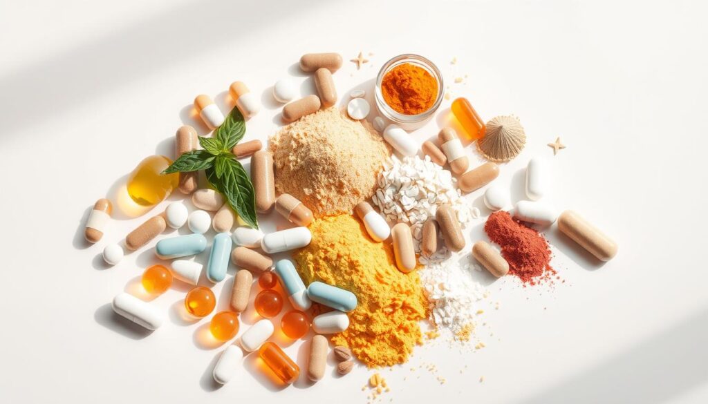 A diverse array of nutritional supplements in soft lighting, arrayed on a clean white surface. An assortment of capsules, tablets, and powders in various shapes and colors, conveying the breadth of skin-supporting nutrients. The composition is balanced, with the supplements forming the primary focal point, complemented by a minimalist background to emphasize their purpose. The lighting is soft and diffused, creating a sense of natural, gentle illumination that enhances the visual appeal of the scene. The overall atmosphere is one of purity, clarity, and the potential for improved skin health.