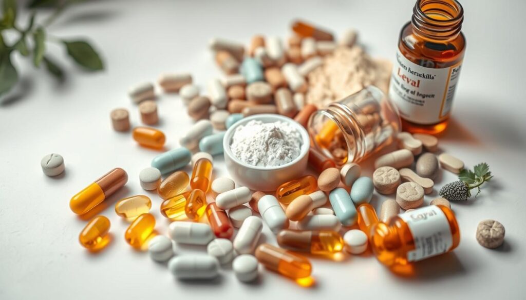 A high-quality, close-up photograph of a variety of different dietary supplements arranged on a clean, white background. The supplements should include capsules, tablets, and powders in various colors and shapes, suggesting a range of health benefits. The lighting should be soft and even, with a slight natural shadow to create depth and dimension. The camera angle should be slightly elevated to provide a comprehensive view of the arrangement, with a shallow depth of field to keep the foreground sharp while blurring the background. The overall mood should be informative and inviting, conveying the idea of a comprehensive introduction to the world of skin-improving supplements.