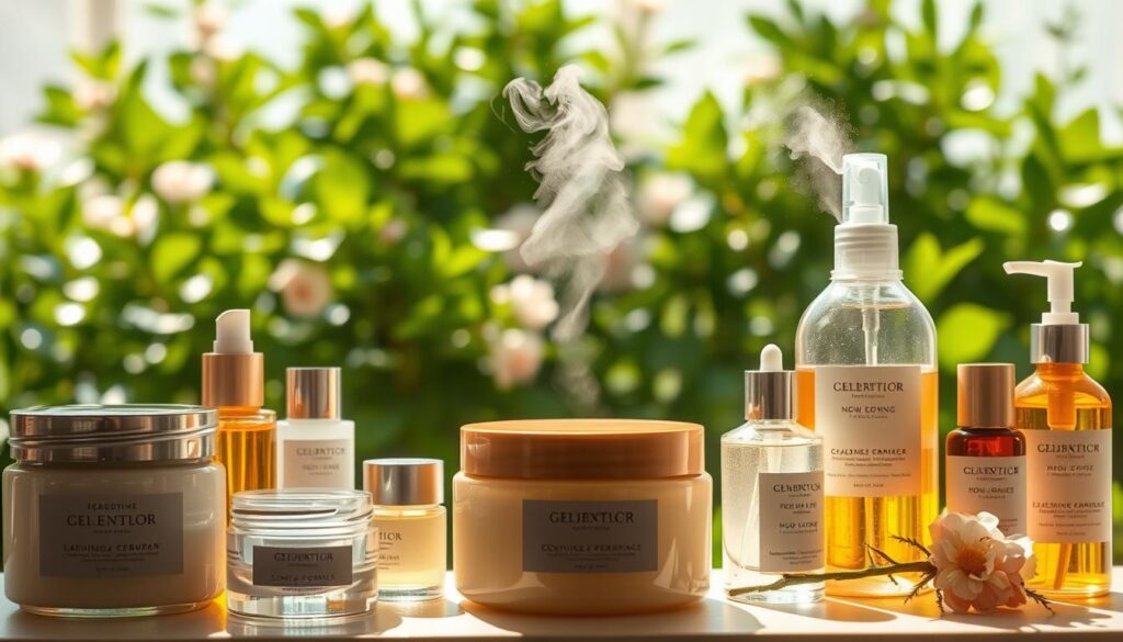 A serene and tranquil skincare scene, bathed in soft, natural lighting. In the foreground, a collection of soothing, moisturizing products - jars of rejuvenating creams, bottles of nourishing oils, and a gently steaming facial mist. The middle ground features delicate, glowing skin, freshly hydrated and radiant after sun exposure. In the background, a lush, verdant garden, symbolizing the nourishment and restoration of the skin's natural balance. Capturing the essence of post-sun pampering, this image conveys the importance of dedicated skincare, restoring and replenishing the complexion.