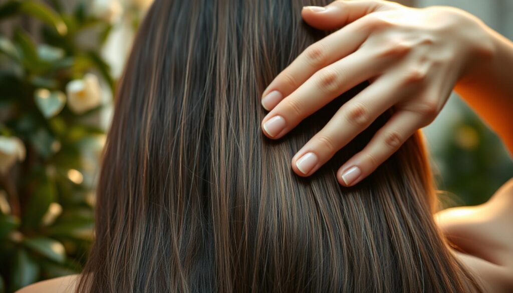 A serene close-up of a woman's hands gently massaging natural oils into her long, luscious hair. The strands shine with a healthy, glossy sheen under the warm, diffused lighting. In the background, a blurred array of green foliage and botanicals suggest a soothing, nature-inspired setting. The overall mood is one of tranquility and self-care, conveying the restorative power of using natural oils to nourish and revitalize the hair.
