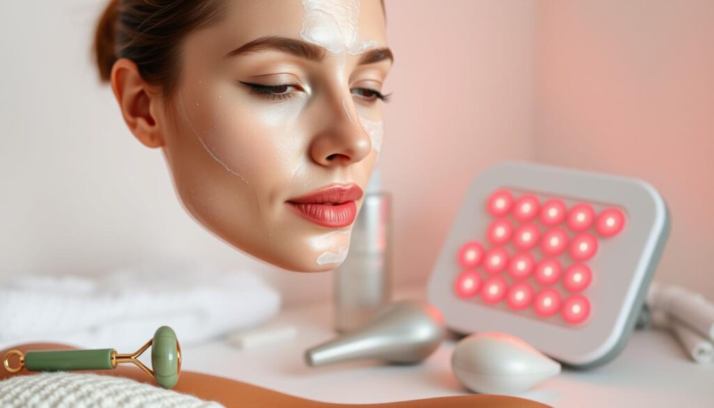A serene, minimalist scene depicting the most popular non-surgical skin rejuvenation treatments. In the foreground, a woman's face in close-up, her skin glowing with the effects of a facial mask or serum. In the middle ground, various skincare and beauty tools - a jade roller, a sonic cleansing device, a red LED light therapy panel. In the background, a soft, diffused lighting creates a spa-like ambiance, with muted tones of white, gray and green. The overall mood is one of tranquility, wellness and subtle transformation, capturing the essence of accessible, non-invasive methods for achieving a more youthful, radiant complexion.