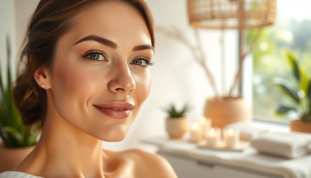 A serene, spa-like setting with a glowing, youthful woman's face in the foreground, showcasing the radiant effects of non-surgical rejuvenation treatments. Soft, diffused lighting highlights her smooth, even complexion and subtle, natural-looking enhancements. In the middle ground, a soothing, relaxing environment with calming elements like potted plants, candles, and plush textiles. The background depicts a tranquil, nature-inspired scene, perhaps a lush, verdant garden or a peaceful, minimalist interior, conveying a sense of wellness and tranquility. The overall atmosphere is one of tranquility, self-care, and the transformative power of non-invasive aesthetic procedures.