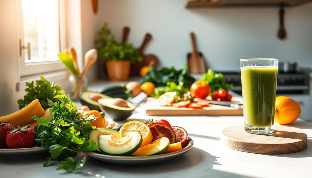 A sunlit kitchen counter with fresh produce, vegetables, and healthy snacks arranged in an appealing, artistic display. In the foreground, a plate of sliced fruits and a glass of refreshing green smoothie. Soft, warm lighting casts a natural glow, highlighting the vibrant colors and textures of the organic ingredients. In the middle ground, a cutting board with a knife and various whole foods like avocado, citrus, leafy greens, and lean protein. The background features a minimalist, clean-lined interior with modern, rustic accents, conveying a sense of wellness and balance. The overall scene exudes a serene, inviting atmosphere, perfectly capturing the essence of an effective, holistic approach to fighting cellulite.