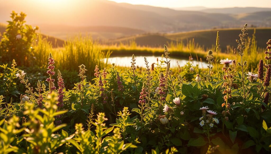 A verdant garden scene, bathed in warm, golden sunlight. In the foreground, a diverse array of thriving herbs and botanical elements, their vibrant leaves and delicate petals symbolizing the robust vitality of the human immune system. In the middle ground, a serene pond reflects the lush greenery, creating a sense of balance and harmony. The background features rolling hills and a distant horizon, evoking a sense of tranquility and wholeness. The overall atmosphere is one of natural abundance, wellness, and the rejuvenating power of the natural world, perfectly encapsulating the theme of "Wprowadzenie odporność organizmu".