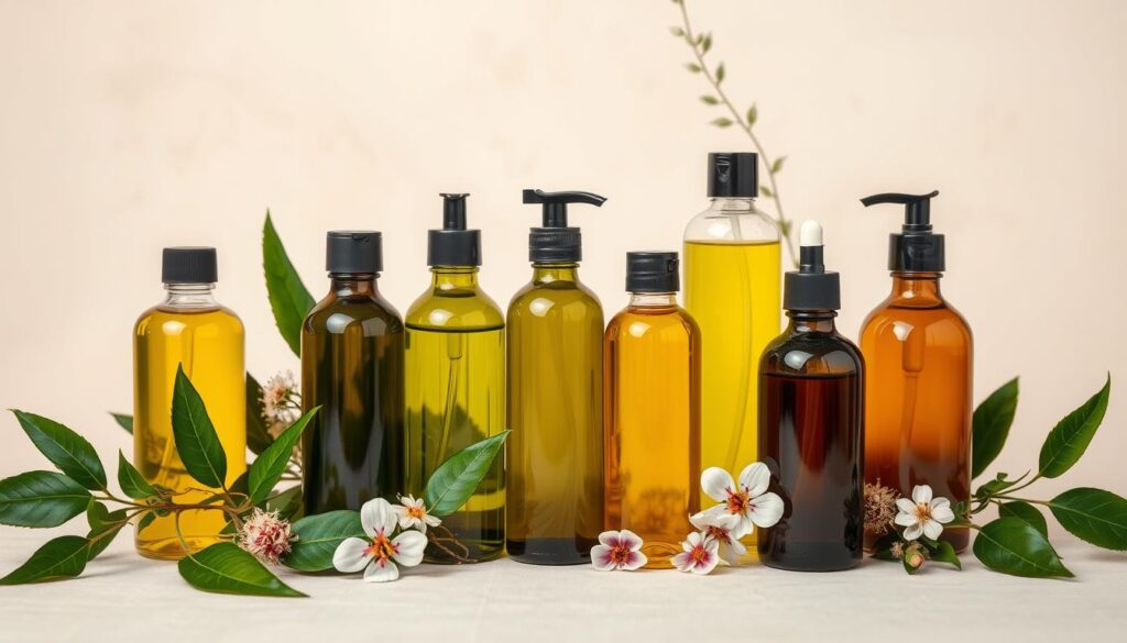A vibrant and captivating still life showcasing an assortment of natural hair oils, artfully arranged against a soft, neutral background. The oils, contained in elegant glass bottles, reflect the warm lighting, casting a soothing, inviting glow. Lush, verdant leaves and delicate flowers surround the bottles, adding a touch of organic beauty and emphasizing the natural, nourishing properties of the oils. The composition is balanced and visually appealing, drawing the viewer's attention to the bottles and highlighting the benefits of using these natural, plant-based hair care products. The overall mood is one of tranquility, wellness, and the inherent goodness of nature.