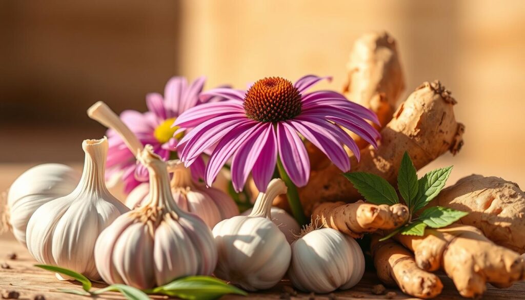A vibrant, close-up illustration of various herbs and plants associated with boosting the immune system. In the foreground, a cluster of garlic bulbs, echinacea flowers, and ginger roots stand out against a soft, blurred background. Warm, natural lighting casts gentle shadows, creating a soothing, earthy atmosphere. The composition emphasizes the therapeutic properties of these organic, immunity-enhancing ingredients, conveying a sense of vitality and resilience.