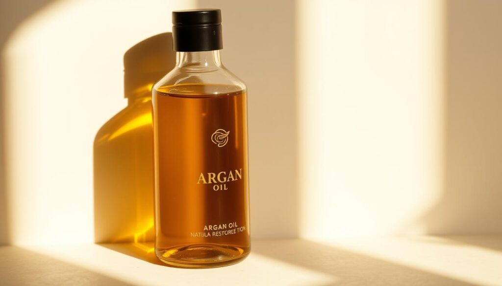 Argan oil in a clear glass bottle, sunlit and glistening, placed on a neutral background. The bottle's label features a simple, elegant design highlighting the product's natural origins. The composition emphasizes the oil's vibrant golden hue and limpid texture, conveying its purity and high quality. Soft, directional lighting from the side casts subtle shadows, accentuating the bottle's form and the oil's viscosity. The overall mood is one of refinement, sophistication, and a reverence for nature's restorative bounty.
