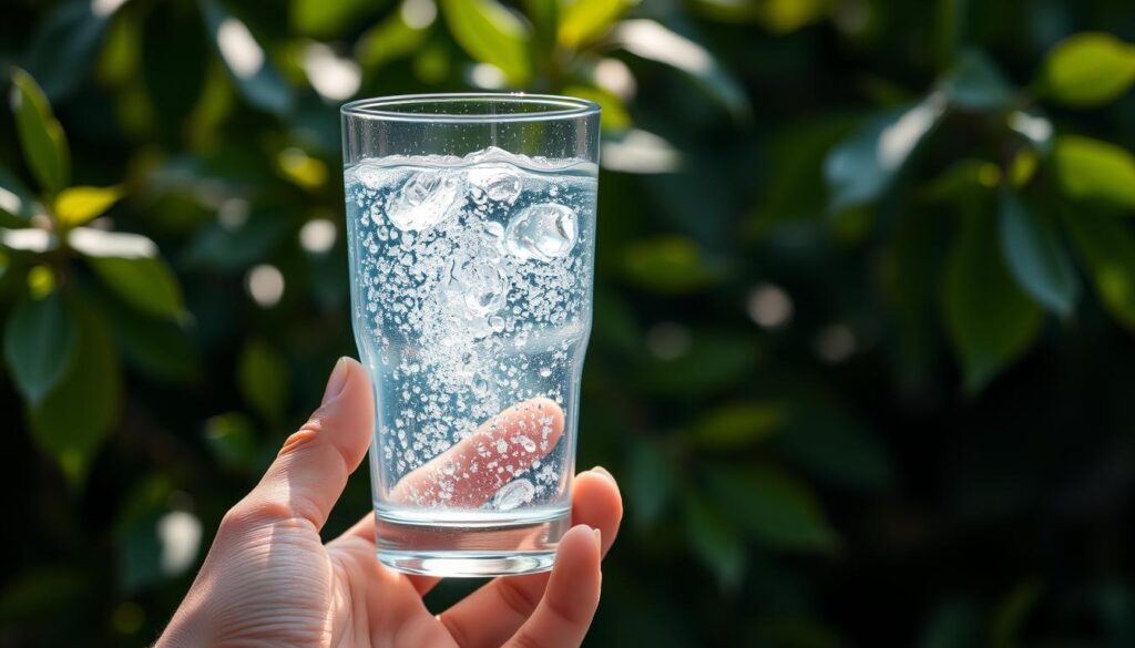 Detailed close-up image of a hand holding a transparent glass filled with clear, sparkling water against a blurred background of green leaves and natural textures. Soft, warm lighting illuminates the water, highlighting its purity and refreshing qualities. The image conveys the importance of hydration and its vital functions within the human body, visually representing the section title "Czym jest nawodnienie i dlaczego jest ważne?".