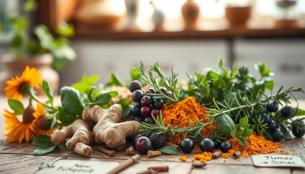 High-quality photograph of an assortment of fresh, vibrant herbs and spices on a rustic wooden table, with soft natural lighting illuminating the scene. The herbs include echinacea, ginger, turmeric, rosemary, and elderberry, all known for their immune-boosting properties. The composition features the herbs in the foreground, with a blurred background suggesting a cozy, warm atmosphere. The lighting is soft and diffused, creating a soothing, inviting mood. The image conveys a sense of natural wellness and the power of herbal remedies to support a healthy immune system.