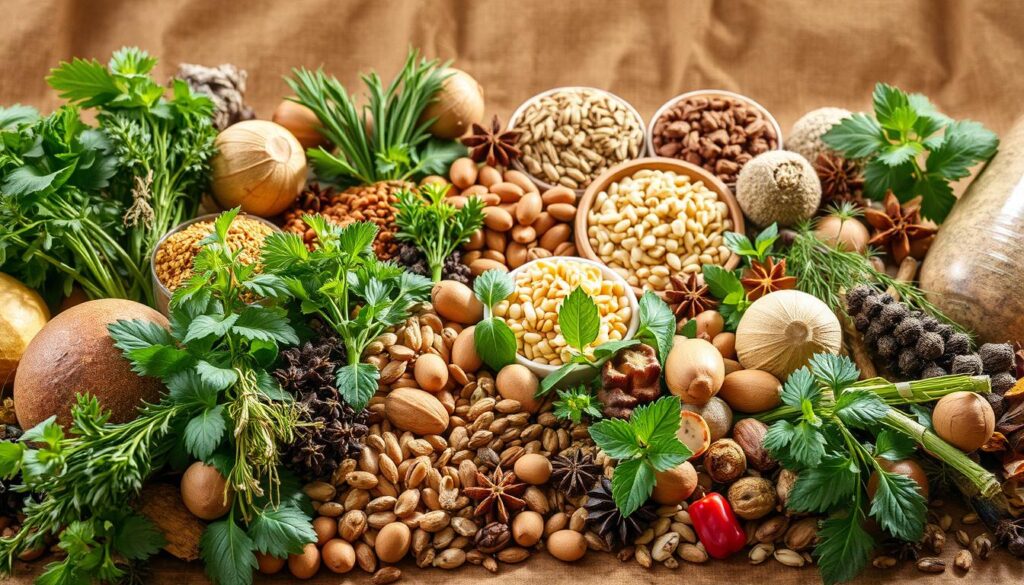 A bountiful assortment of natural, organic ingredients arranged in an artful display. In the foreground, fresh herbs, spices, and botanicals are carefully positioned, illuminated by soft, diffused lighting that casts gentle shadows. The middle ground showcases a variety of whole, unprocessed ingredients such as nuts, seeds, and dried fruits, while the background features earthy tones and textures, creating a visually appealing and harmonious composition. The overall mood is one of purity, simplicity, and the inherent beauty of nature's own creations, conveying a sense of wellness and wholesome living.