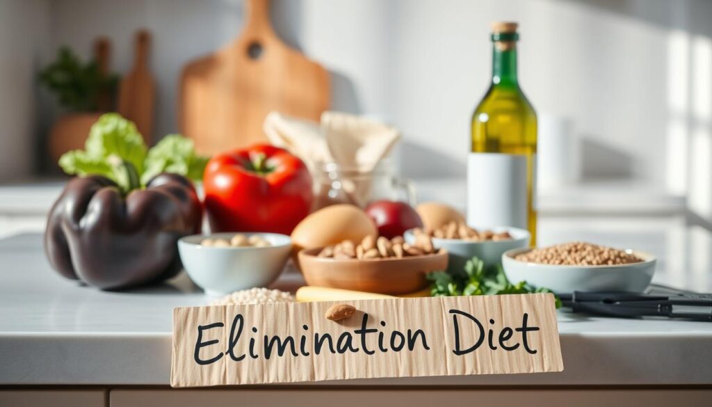A clean, minimal kitchen counter displaying various health food ingredients - fresh vegetables, whole grains, nuts, and a bottle of olive oil. The lighting is warm and natural, with soft shadows highlighting the textures of the produce. The composition is balanced, with the ingredients arranged in an appealing still life. The overall mood is one of simplicity, health, and culinary preparation. In the foreground, a hand-written label reads "Elimination Diet" in a cursive script, emphasizing the purpose of these ingredients in creating a specialized meal plan.