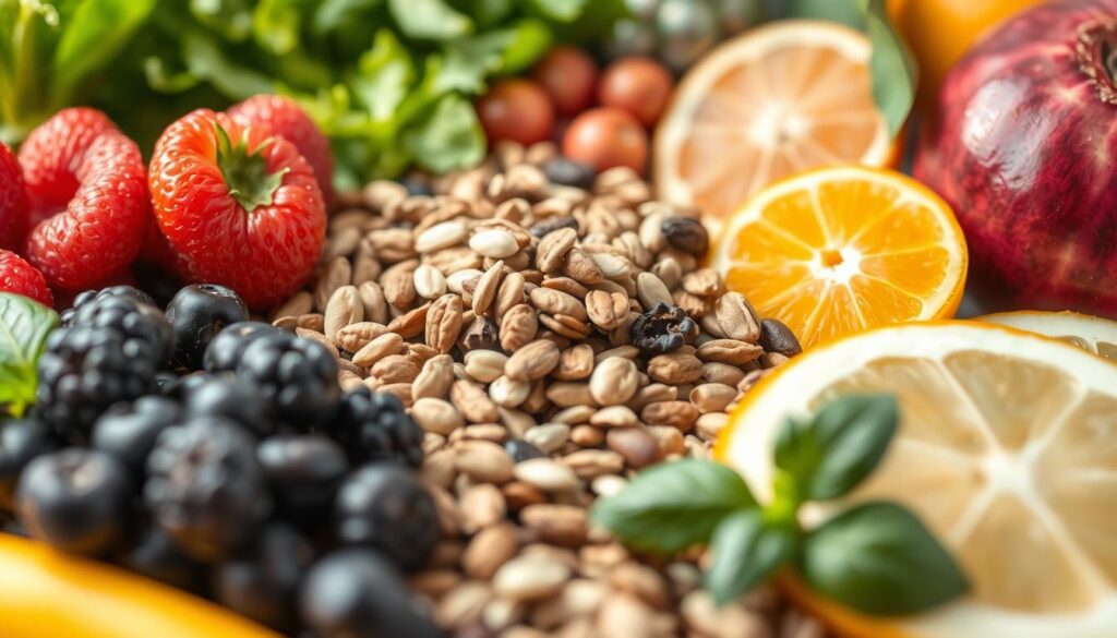 A close-up, high-resolution image of various ingredients that affect skin health. In the foreground, a selection of fresh, organic produce like berries, leafy greens, and citrus fruits, captured in natural lighting with a shallow depth of field. In the middle ground, a mix of nuts, seeds, and whole grains, arranged artfully. In the background, a soft, blurred backdrop highlighting the vibrant colors and textures of the ingredients. The overall composition conveys a sense of balance, nourishment, and the connection between diet and skin wellness.