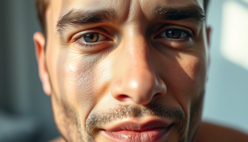 A close-up shot of a man's healthy, glowing complexion, the skin appearing smooth and radiant. The lighting is soft and diffused, creating a warm, inviting atmosphere. The focus is on the forefront, capturing the intricate details of the skin texture, with pores and fine lines subtly visible. In the middle ground, hints of facial features, such as the eyes and nose, are gently blurred, drawing attention to the skin's quality. The background is slightly out of focus, creating a dreamlike, serene setting that complements the subject's tranquil expression. The overall impression conveys a sense of rejuvenation, wellness, and the importance of proper skin care for men.