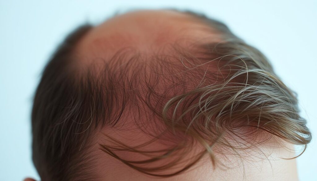 A close-up view of a person's scalp, with visible thinning and patchy hair loss, highlighting the severity of the "problem wypadania włosów". The scene is well-lit, with soft, diffused lighting accentuating the texture and contours of the scalp. The depth of field is shallow, keeping the focus on the affected area while blurring the background, creating a sense of clinical examination and introspection. The overall mood is one of concern and a desire to address the issue, conveying the importance of the "Wprowadzenie do problemu wypadania włosów" section.