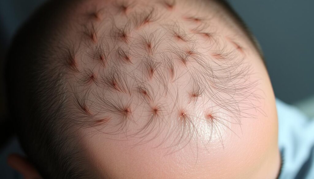 A closeup view of a person's scalp, revealing a pattern of thinning hair and bald spots. The scene is illuminated by soft, natural lighting, casting subtle shadows and highlighting the texture of the skin. The background is blurred, allowing the focus to remain on the scalp. The image conveys a sense of concern and the desire to understand the underlying causes of excessive hair loss, such as stress, hormonal imbalances, or medical conditions.