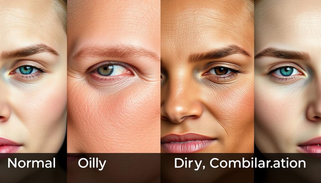 A detailed close-up of four different skin types - normal, oily, dry, and combination - arranged in a visually striking grid composition. Each skin type is depicted with realistic textures, pores, and blemishes, captured under soft, diffused lighting that accentuates their unique characteristics. The overall mood is informative and educational, inviting the viewer to closely examine the defining features of each skin type. The image has a clean, minimalist aesthetic, allowing the skin samples to be the sole focus, providing a valuable visual reference for the article's section on matching facial creams to skin type.