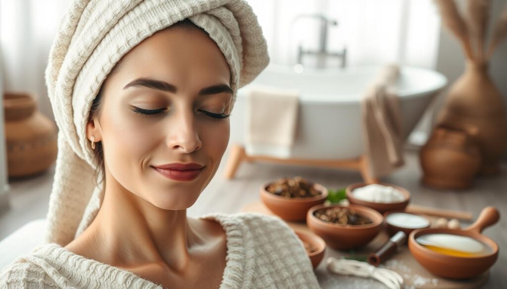A serene and restorative scene of a woman undergoing a facial detoxification ritual. In the foreground, her calm, radiant face is gently draped with a warm, damp towel, her eyes closed in tranquility. The middle ground features an array of natural, skin-nourishing ingredients - crushed herbs, sea salt, and soothing oils - arranged artfully in clay bowls. The background depicts a cozy, softly-lit bathroom, with a freestanding tub and natural-fiber accessories, evoking a sense of peaceful renewal. Gentle, diffused lighting bathes the scene, creating a soothing, spa-like ambiance. The overall mood is one of mindful self-care and the rejuvenation of the skin after the harsh winter months.