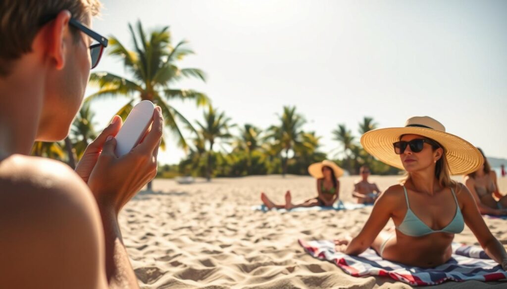 A serene beach scene with people enjoying the sun's warmth while practicing safe sun exposure. In the foreground, a person applies sunscreen, mindful of their skin's protection. In the middle ground, a group relaxes on towels, wearing wide-brimmed hats and sunglasses. In the background, lush palm trees sway gently, casting soft shadows on the golden sand. The lighting is natural and warm, creating a tranquil, inviting atmosphere. The overall mood conveys the benefits of responsible sun exposure - rejuvenation, relaxation, and skin health.