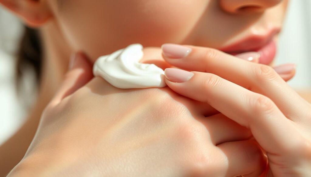 A serene, close-up portrait of soft, supple skin being gently moisturized by a delicate, creamy hand cream. The skin appears radiant, glowing with a healthy, hydrated sheen under soft, natural lighting. The foreground features the smooth, plump texture of the skin in vivid detail, while the middle ground shows the fingertips tenderly massaging the cream into the skin. The background is blurred, creating a sense of focus and emphasis on the skin's nourishment. The overall mood is one of tranquility, self-care, and the importance of maintaining skin's moisture balance.