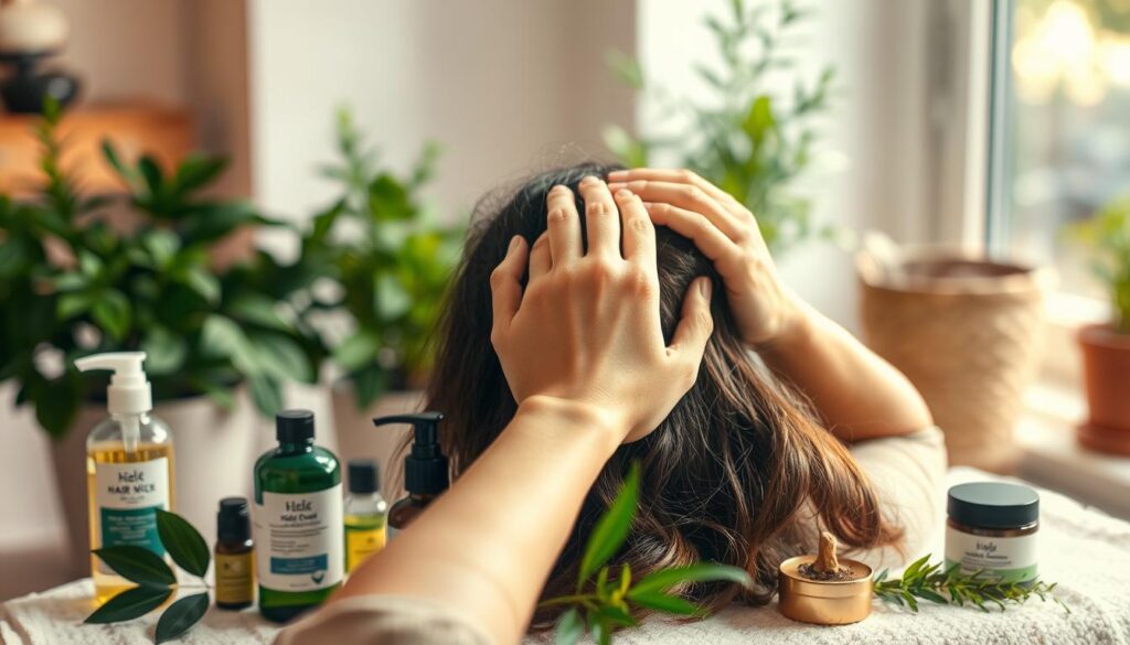 A serene indoor scene with a person's hands gently massaging their scalp, surrounded by an array of natural hair care products. Soft, warm lighting creates a relaxed, spa-like atmosphere, complementing the focus on holistic hair wellness. The background features lush, verdant potted plants, subtly suggesting a connection to nature and organic remedies. The overall composition conveys a sense of tranquility and the promise of healthy, vibrant hair through mindful, nourishing self-care.
