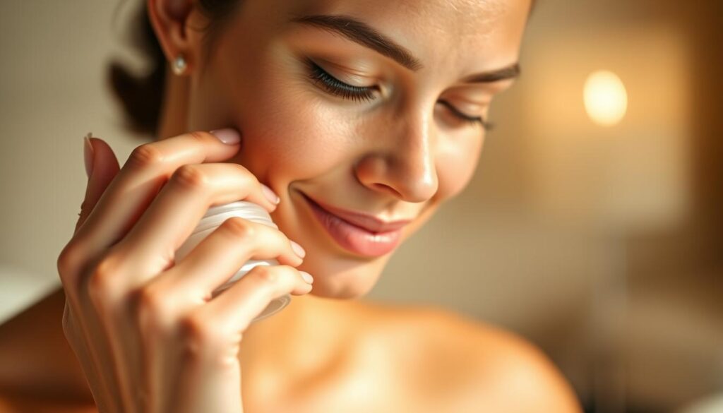 A serene, soft-focus close-up of a woman's hands gently massaging a jar of moisturizing cream into her dewy, radiant complexion. The lighting is warm and diffused, casting a gentle glow over the scene. The background is blurred, suggesting a tranquil, spa-like setting. The woman's expression is one of calm focus and self-care, conveying the importance of a consistent, nurturing skincare routine. Subtle details, such as the texture of the cream and the contours of the woman's face, add depth and realism to the image.