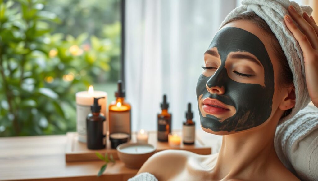 A serene, spa-like scene depicting the process of skin detoxification. In the foreground, a soothing face mask made of natural ingredients like clay and charcoal is being gently applied to a glowing, refreshed complexion. In the middle ground, a collection of aromatherapy candles, essential oils, and other holistic skincare products are arranged on a minimalist wooden table, exuding a sense of tranquility. The background features a soft, blurred view of a lush, verdant garden, hinting at the rejuvenating power of nature. The lighting is warm and diffused, creating a calming, therapeutic atmosphere. The overall composition conveys a feeling of inner balance and outer radiance, perfectly capturing the essence of "Detoksykacja skóry po zimie."