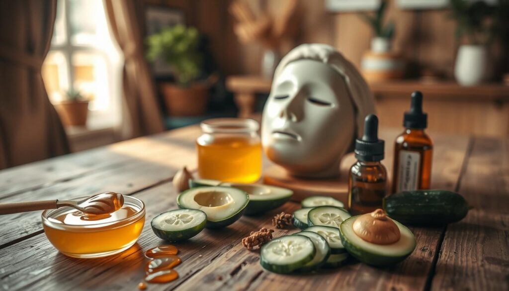 A serene, warm-lit scene of handmade face masks arranged on a rustic wooden table. In the foreground, an assortment of natural ingredients - honey, avocado, cucumber slices, and essential oils. The middle ground features the carefully crafted masks, their textures and colors reflecting the homemade nature of the treatments. The background showcases a cozy, inviting atmosphere, with soft lighting filtering through a window, suggesting the peaceful, rejuvenating experience of these simple, effective skincare remedies.